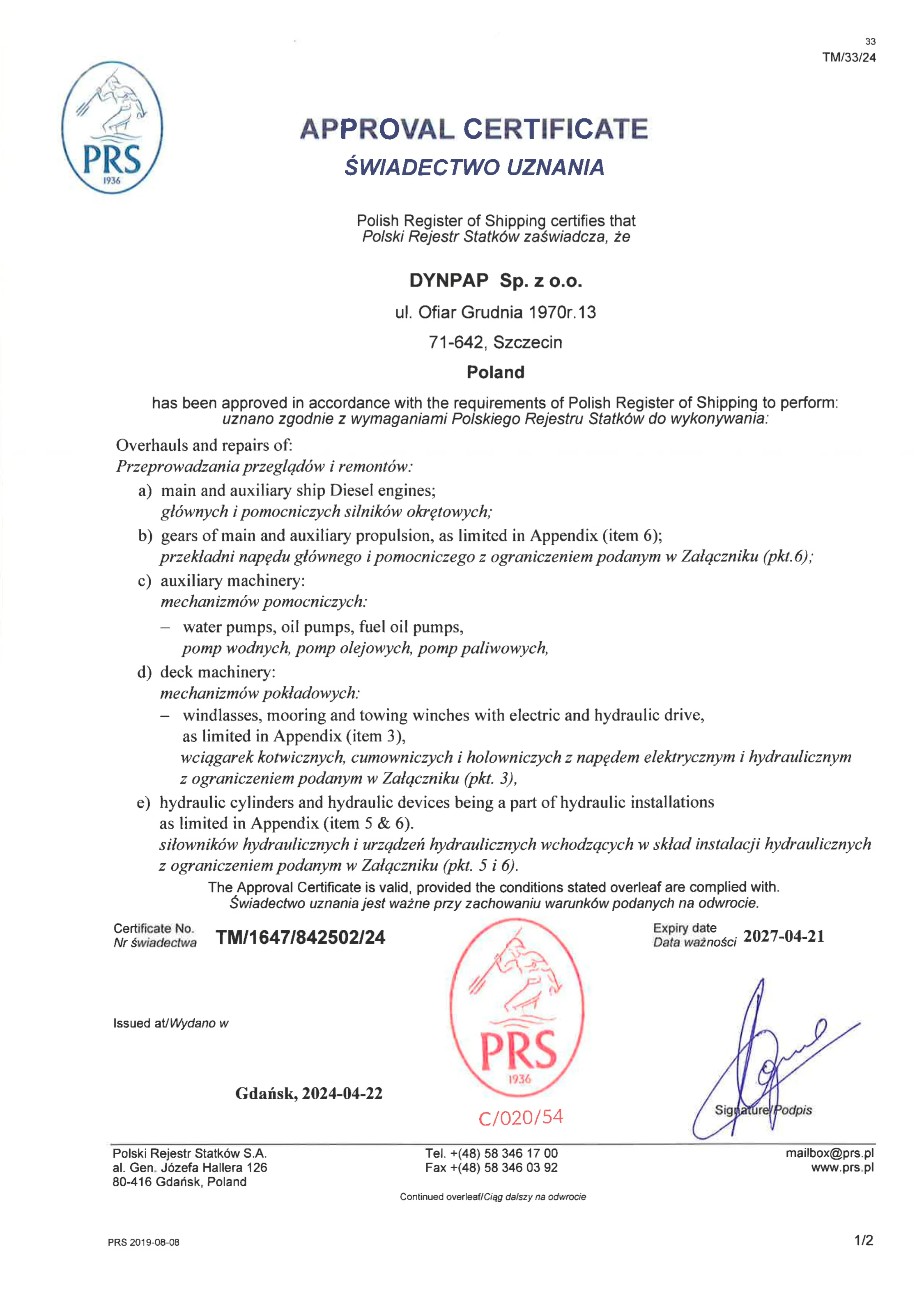 Certyfikat PRS o zgodności z wymaganiami dla przeglądów i remontów