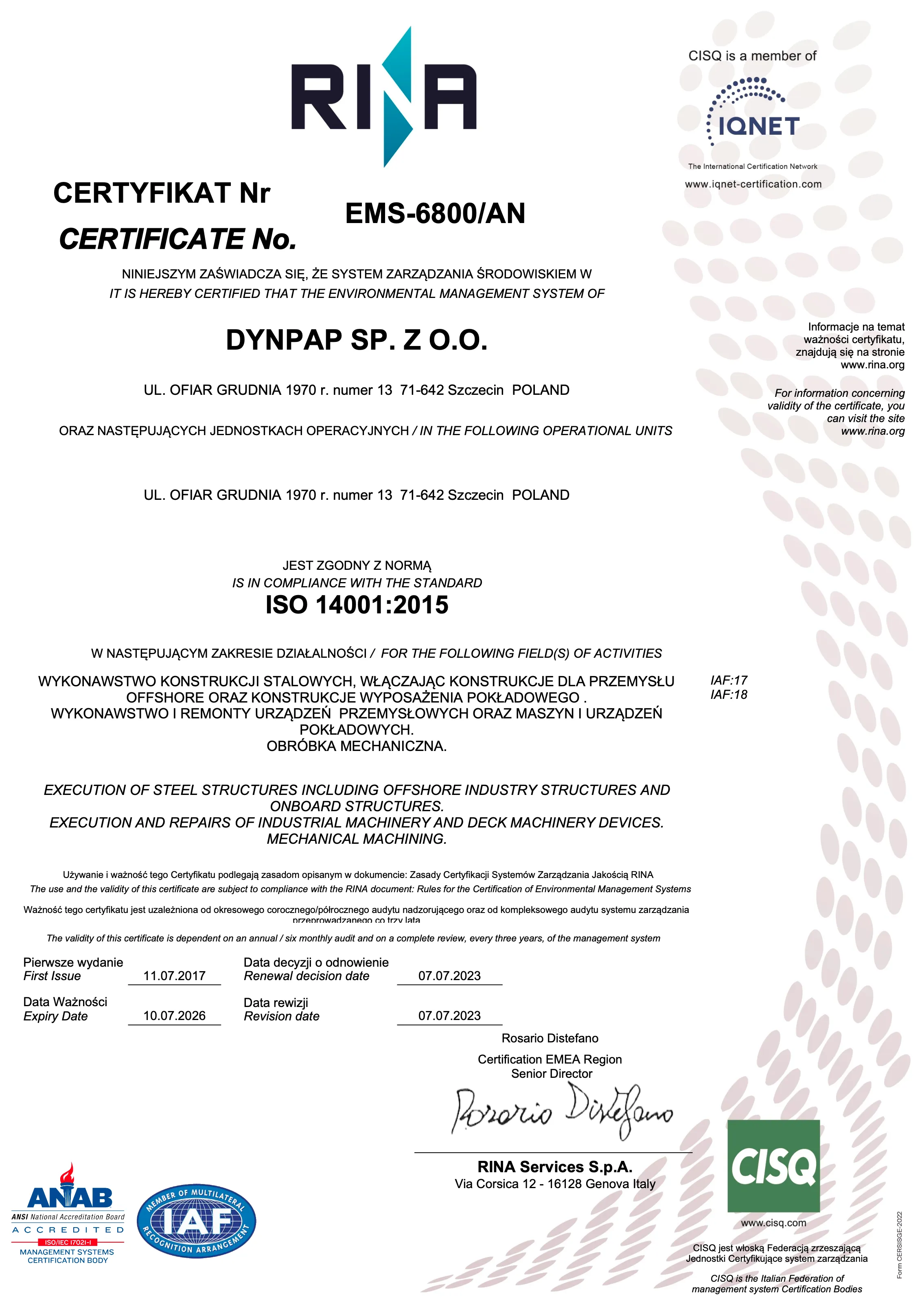 Certyfikat zgodności systemu zarządzania środowiskiem z normą ISO 14001:2015