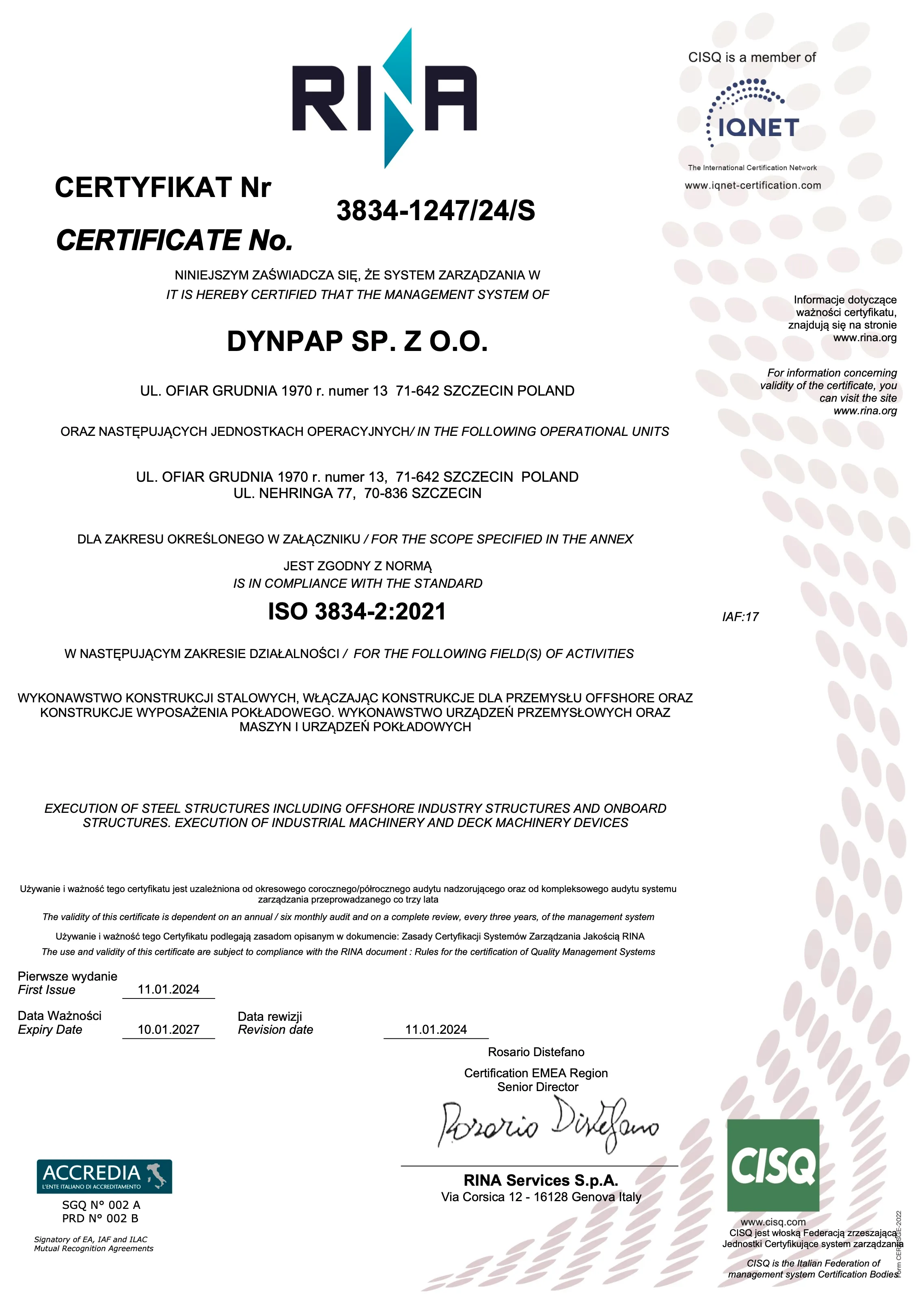 Certyfikat zgodności systemu zarządzania z normą ISO 3834-2:2021